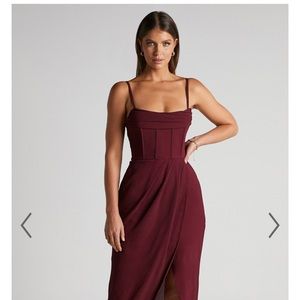 ANDRINA MIDI DRESS - HIGH LOW WRAP CORSET DRESS IN WINE